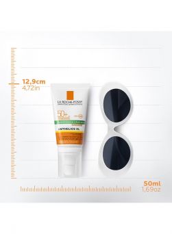 la roche-posay anthelios xl tinted dry touch gel-cream spf50+ 50ml tube shown next to sunglasses with size scale