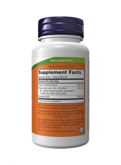 NOW Ginseng & Royal Jelly Capsules supplement facts – 300mg Panax Ginseng, 100mg Royal Jelly, 100mg Licorice Root per serving