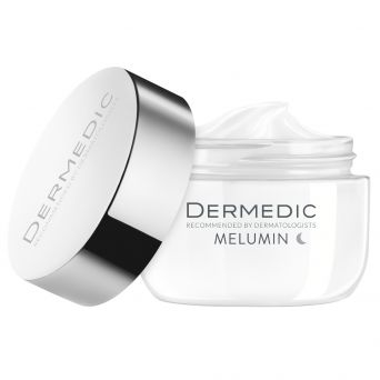 Dermedic Melumin Anti-Dark Spots Concentrated Night Cream 50ml open jar with silver lid, product inside visible